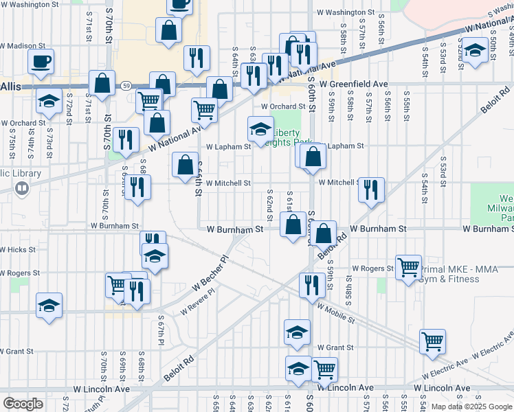 map of restaurants, bars, coffee shops, grocery stores, and more near 1757 South 63rd Street in West Allis