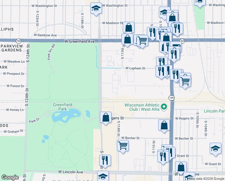 map of restaurants, bars, coffee shops, grocery stores, and more near 1205 South 70th Street in West Allis