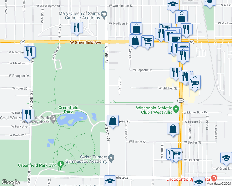 map of restaurants, bars, coffee shops, grocery stores, and more near 1731 South 115 Court in West Allis