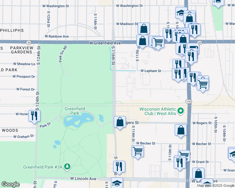map of restaurants, bars, coffee shops, grocery stores, and more near 1731 South 115 Court in West Allis