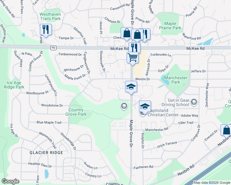map of restaurants, bars, coffee shops, grocery stores, and more near 6730 Pinelake Drive in Madison