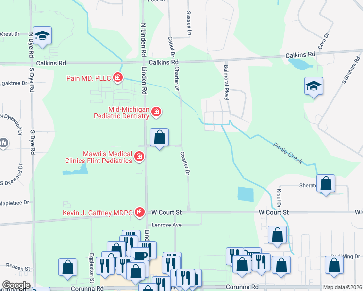 map of restaurants, bars, coffee shops, grocery stores, and more near Charter Drive in Flint