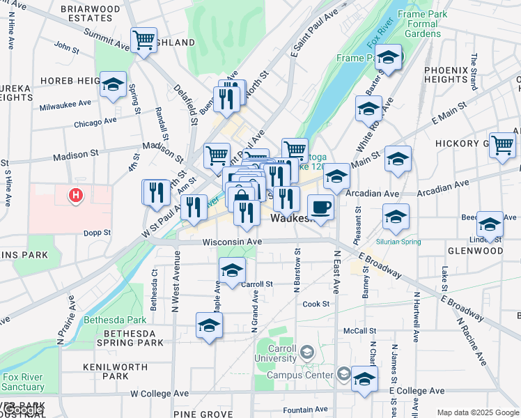 map of restaurants, bars, coffee shops, grocery stores, and more near in Waukesha