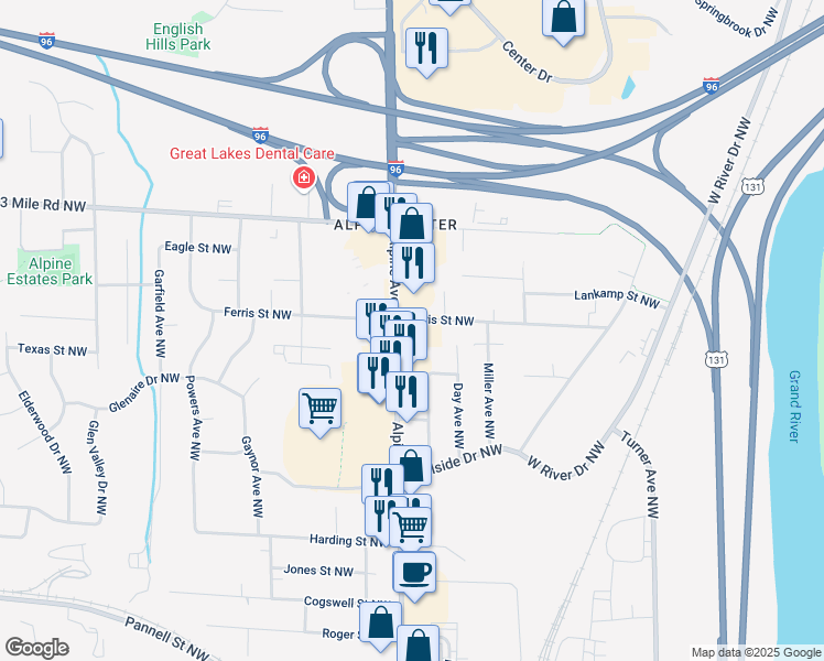 map of restaurants, bars, coffee shops, grocery stores, and more near 2628 Alpine Avenue Northwest in Grand Rapids