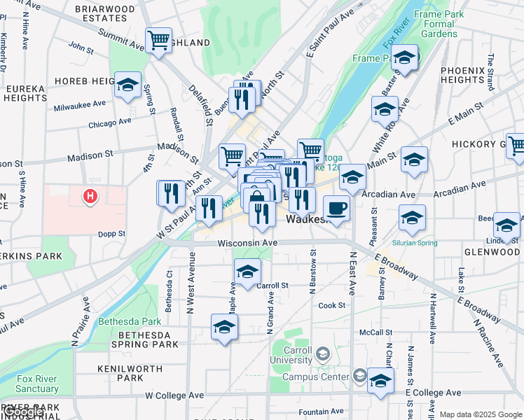 map of restaurants, bars, coffee shops, grocery stores, and more near 321 West Main Street in Waukesha