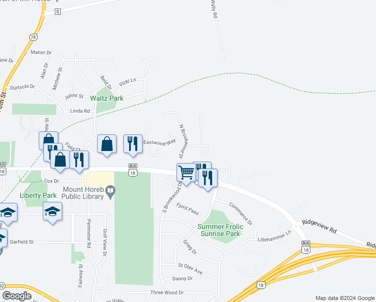 map of restaurants, bars, coffee shops, grocery stores, and more near 125 Brookwood Drive in Mount Horeb