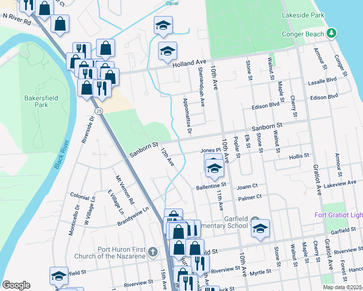map of restaurants, bars, coffee shops, grocery stores, and more near 1617 Jones Place in Port Huron