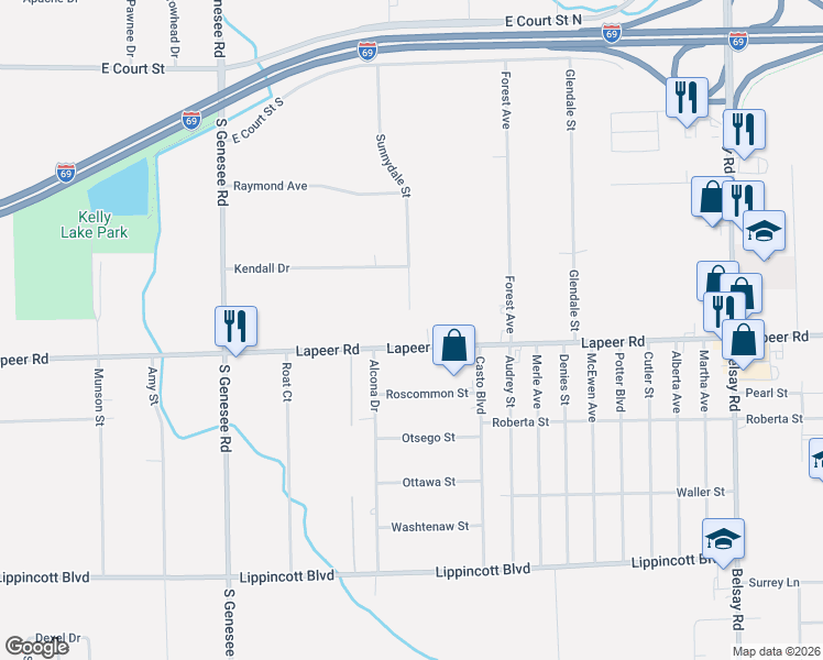 map of restaurants, bars, coffee shops, grocery stores, and more near 5207 Lapeer Road in Burton