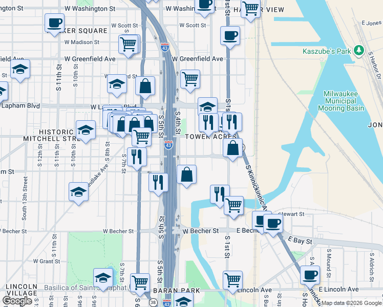 map of restaurants, bars, coffee shops, grocery stores, and more near 333-339 West Maple Street in Milwaukee