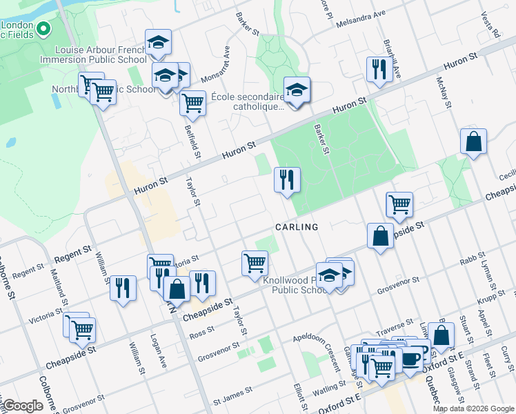 map of restaurants, bars, coffee shops, grocery stores, and more near 728 Leroy Avenue in London