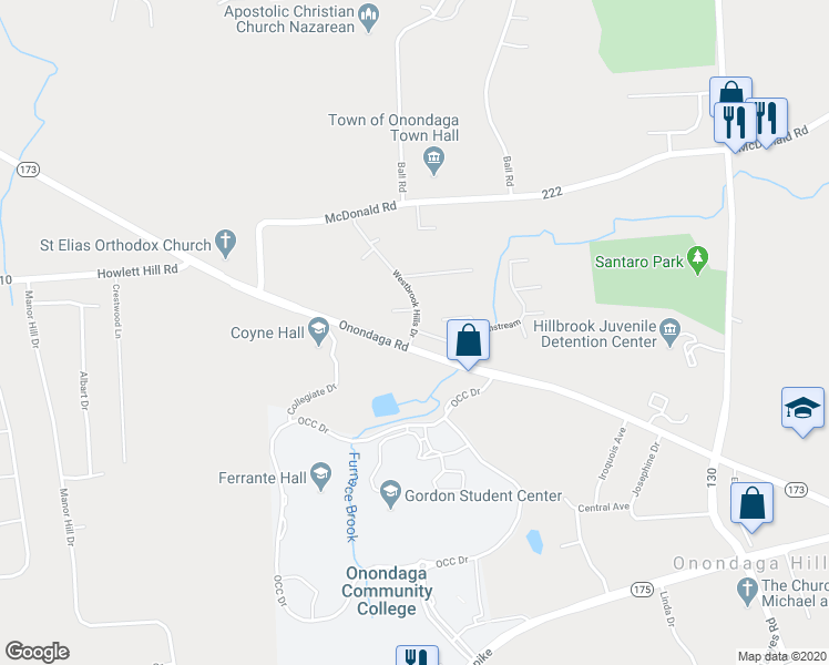 map of restaurants, bars, coffee shops, grocery stores, and more near 145 Westbrook Hills Drive in Syracuse