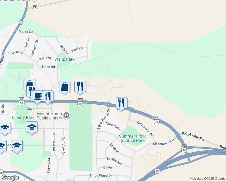 map of restaurants, bars, coffee shops, grocery stores, and more near 125 Brookwood Drive in Mount Horeb