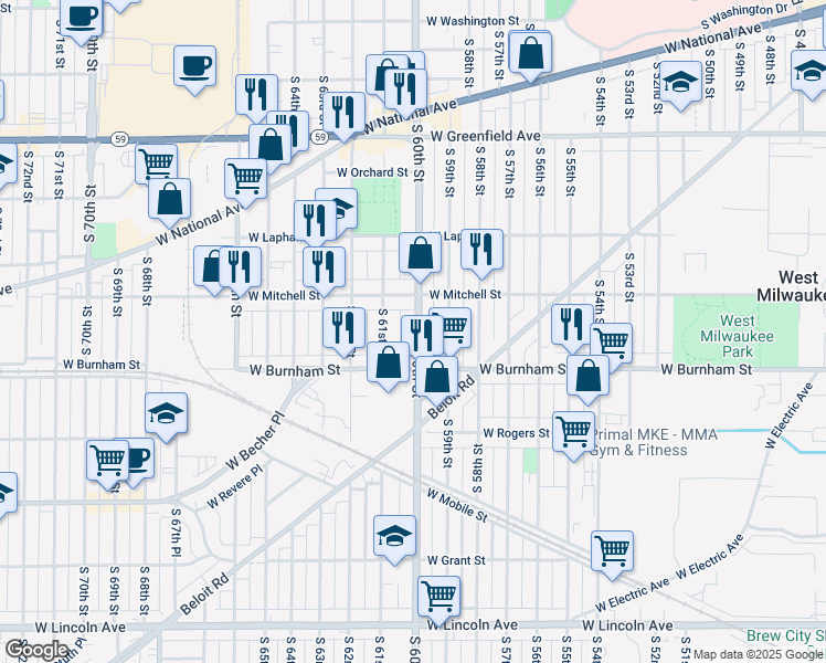 map of restaurants, bars, coffee shops, grocery stores, and more near 1749 South 60th Street in West Allis