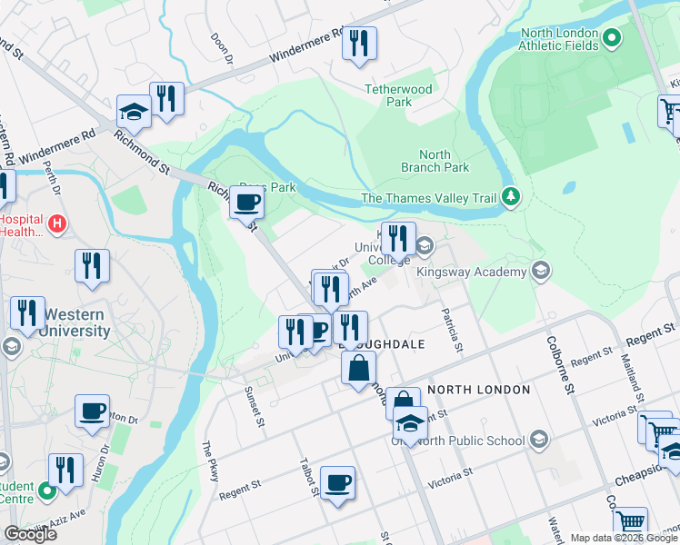 map of restaurants, bars, coffee shops, grocery stores, and more near 21 Mayfair Drive in London