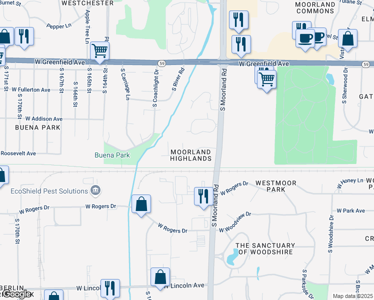map of restaurants, bars, coffee shops, grocery stores, and more near 15800 West Robin Road in New Berlin