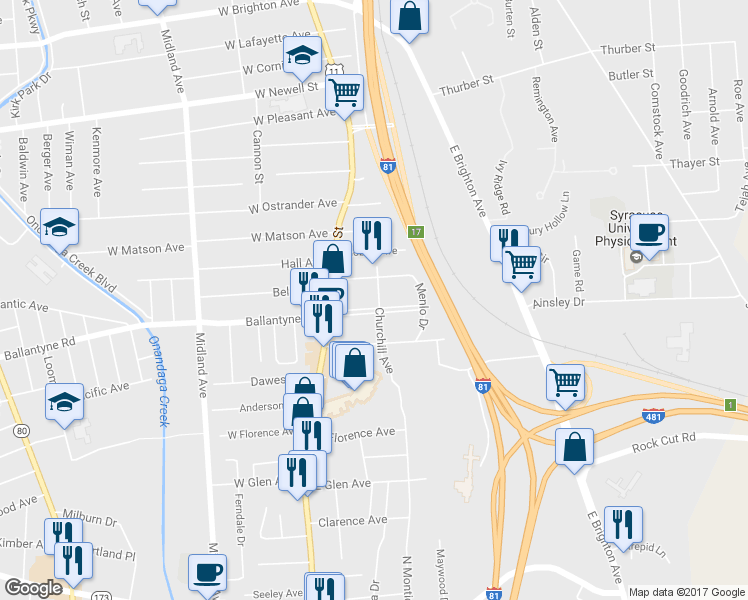 map of restaurants, bars, coffee shops, grocery stores, and more near 147 Walrath Road in Syracuse
