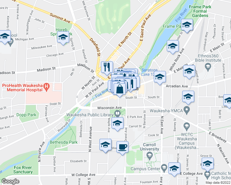 map of restaurants, bars, coffee shops, grocery stores, and more near 344 West Main Street in Waukesha
