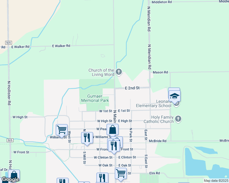 map of restaurants, bars, coffee shops, grocery stores, and more near 615 North Main Street in Ovid