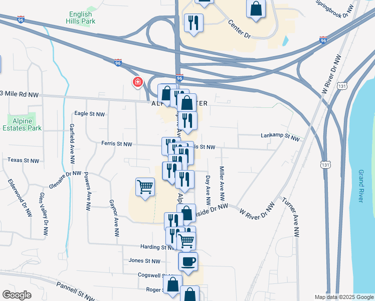 map of restaurants, bars, coffee shops, grocery stores, and more near 2628 Alpine Avenue Northwest in Grand Rapids