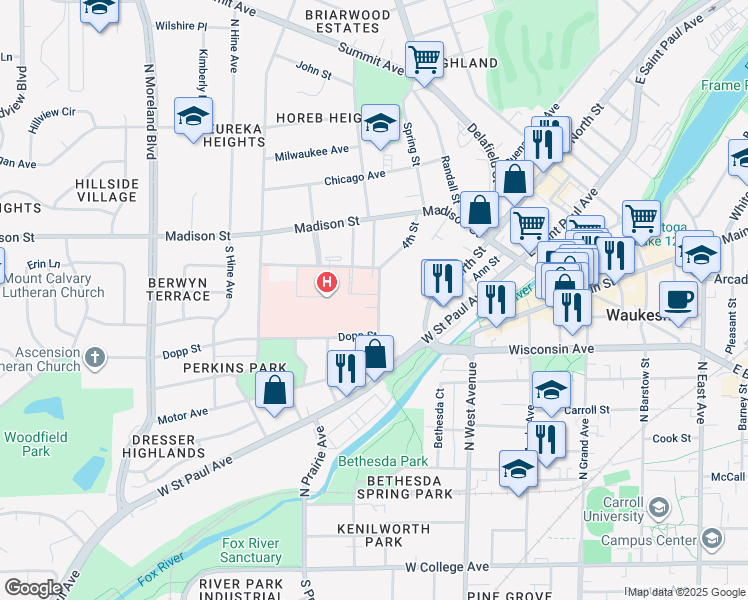 map of restaurants, bars, coffee shops, grocery stores, and more near 3 Mountain Avenue in Waukesha