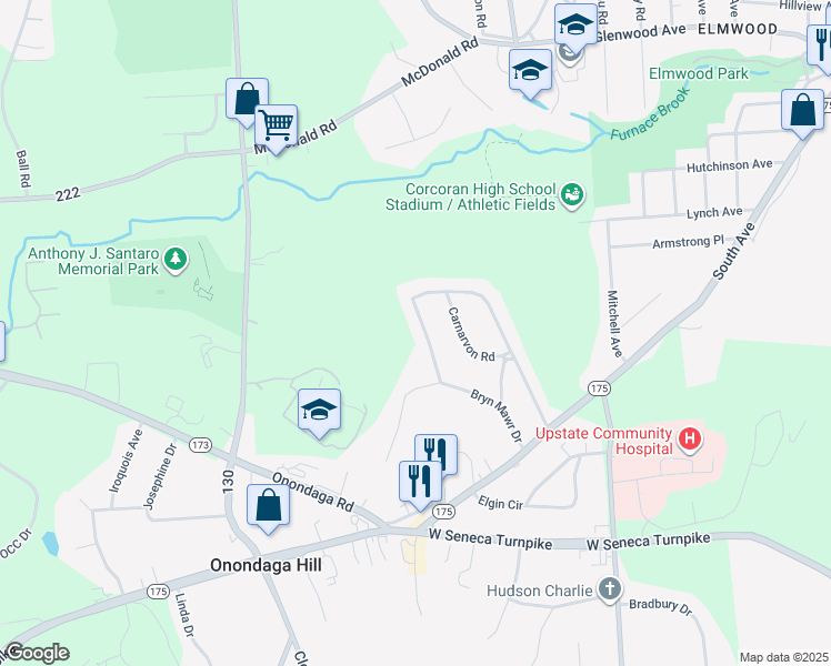 map of restaurants, bars, coffee shops, grocery stores, and more near 4973 Bryn Mawr Drive in Syracuse