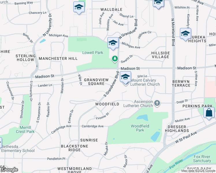 map of restaurants, bars, coffee shops, grocery stores, and more near 208 South Grandview Boulevard in Waukesha