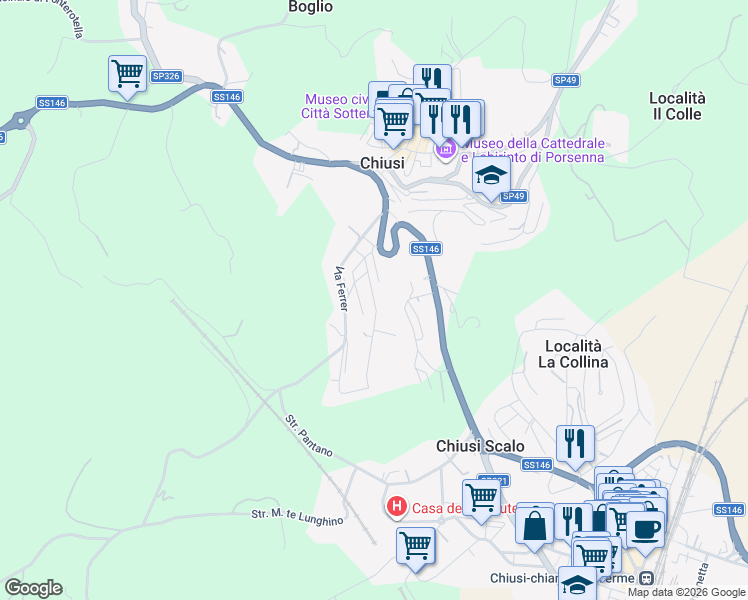map of restaurants, bars, coffee shops, grocery stores, and more near 25 Via Fratelli Rosselli in Chiusi
