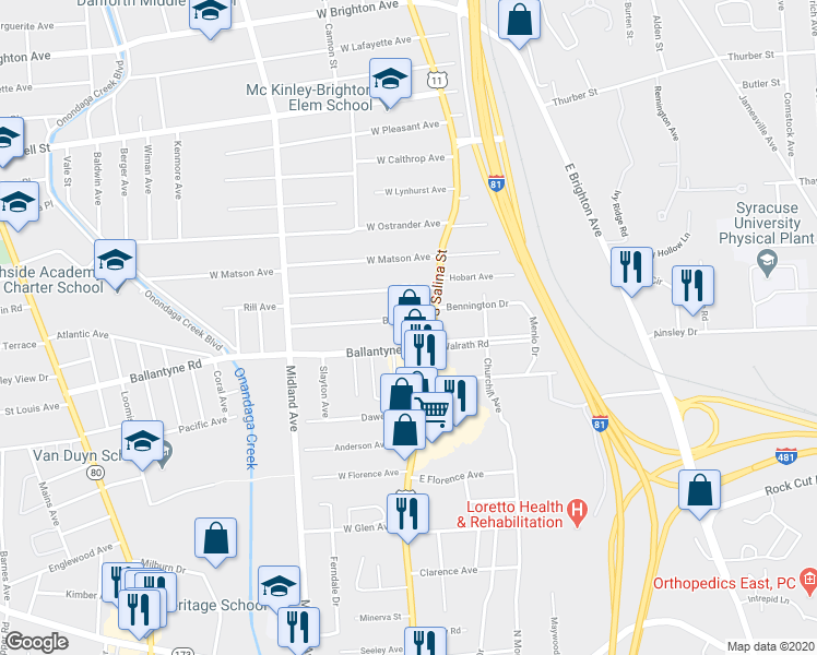 map of restaurants, bars, coffee shops, grocery stores, and more near 105 Belle Avenue in Syracuse