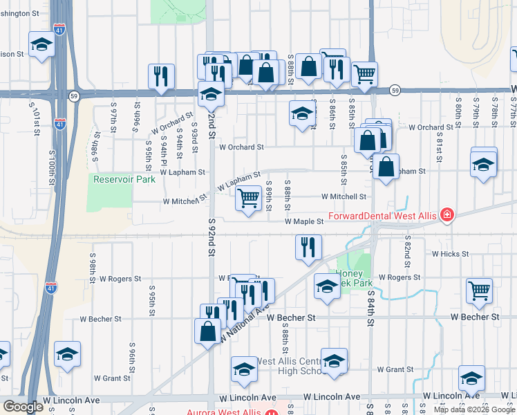 map of restaurants, bars, coffee shops, grocery stores, and more near 8914 West Maple Street in West Allis