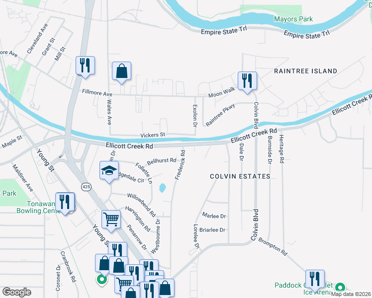 map of restaurants, bars, coffee shops, grocery stores, and more near 14 Frederick Road in Tonawanda