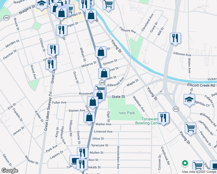 map of restaurants, bars, coffee shops, grocery stores, and more near 123 Killewald Avenue in Tonawanda