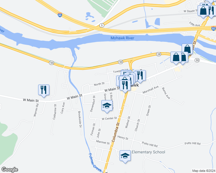 map of restaurants, bars, coffee shops, grocery stores, and more near 48 W Main St in Mohawk