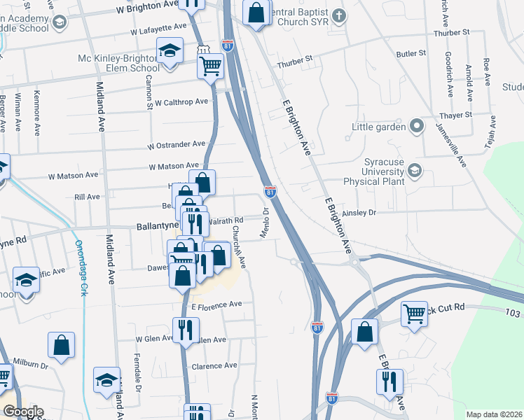 map of restaurants, bars, coffee shops, grocery stores, and more near 237 Walrath Road in Syracuse
