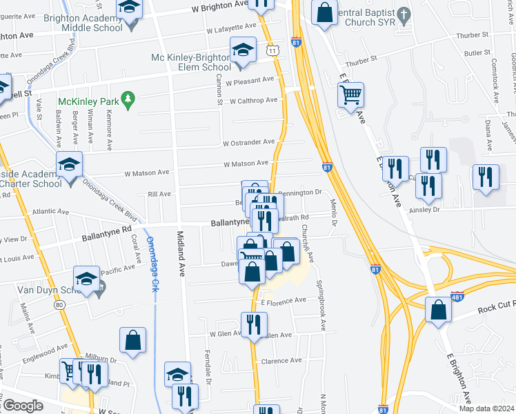 map of restaurants, bars, coffee shops, grocery stores, and more near 105 Belle Avenue in Syracuse