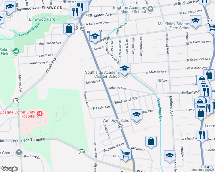 map of restaurants, bars, coffee shops, grocery stores, and more near 621 Atlantic Avenue in Syracuse