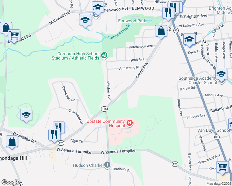 map of restaurants, bars, coffee shops, grocery stores, and more near 2564 South Avenue in Syracuse