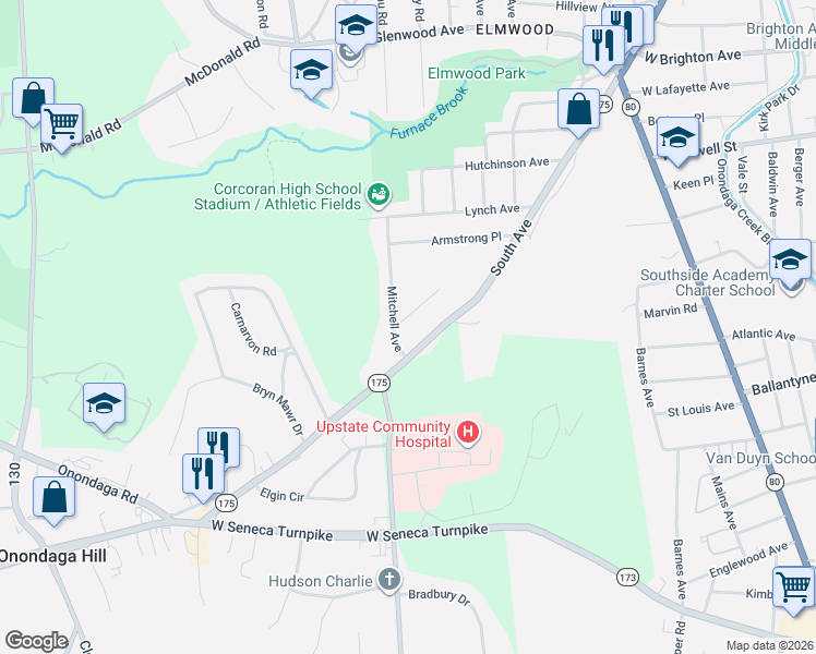 map of restaurants, bars, coffee shops, grocery stores, and more near 114 Mitchell Avenue in Syracuse