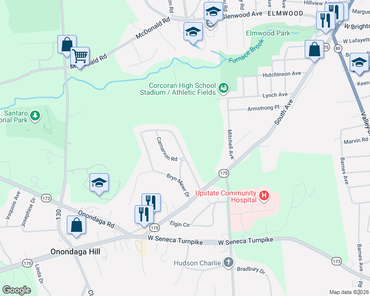 map of restaurants, bars, coffee shops, grocery stores, and more near 4929-4947 Tenterden Drive in Syracuse