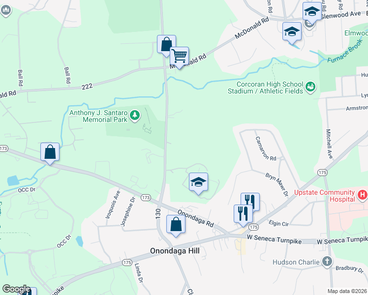 map of restaurants, bars, coffee shops, grocery stores, and more near 100 Summerfield Village Lane in Syracuse