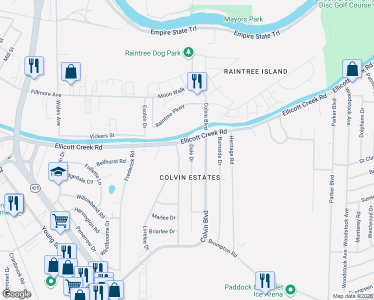 map of restaurants, bars, coffee shops, grocery stores, and more near 203 Greenfield Drive in Tonawanda