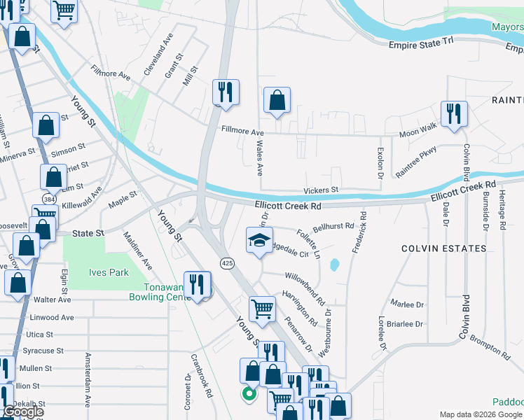 map of restaurants, bars, coffee shops, grocery stores, and more near 16 Luksin Drive in Tonawanda
