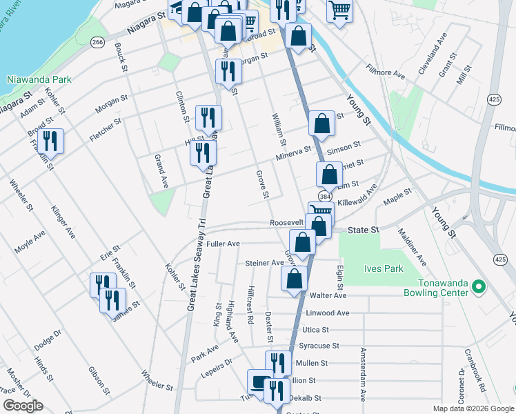 map of restaurants, bars, coffee shops, grocery stores, and more near 236 Grove Street in Tonawanda