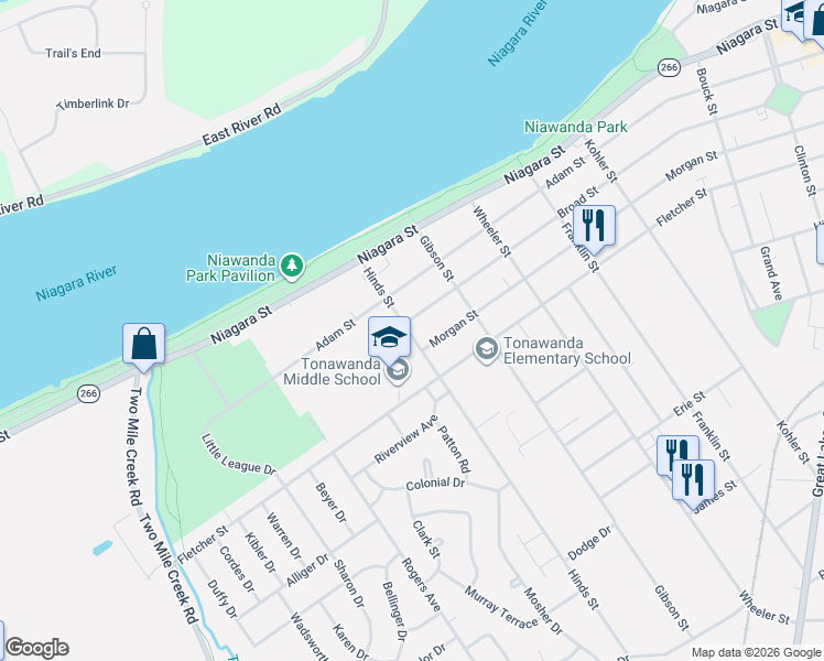 map of restaurants, bars, coffee shops, grocery stores, and more near 100 Hinds Street in Tonawanda