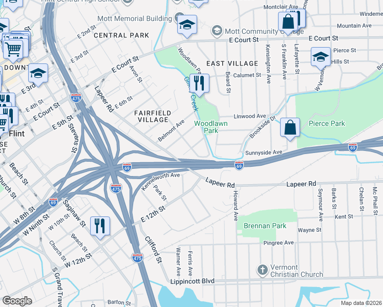 map of restaurants, bars, coffee shops, grocery stores, and more near 818 Kennelworth Avenue in Flint