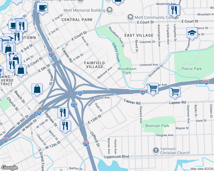 map of restaurants, bars, coffee shops, grocery stores, and more near 1515 Lapeer Road in Flint