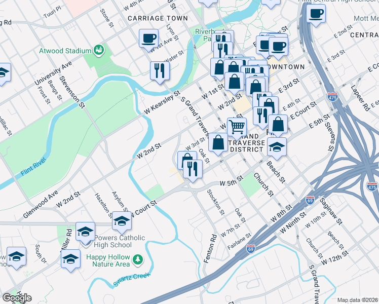 map of restaurants, bars, coffee shops, grocery stores, and more near 718 Oak Street in Flint