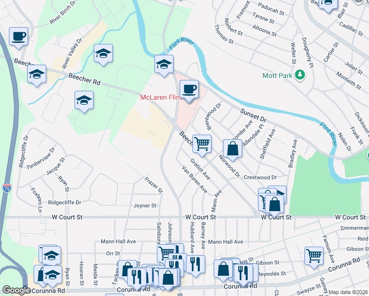 map of restaurants, bars, coffee shops, grocery stores, and more near 3721 Gratiot Avenue in Flint