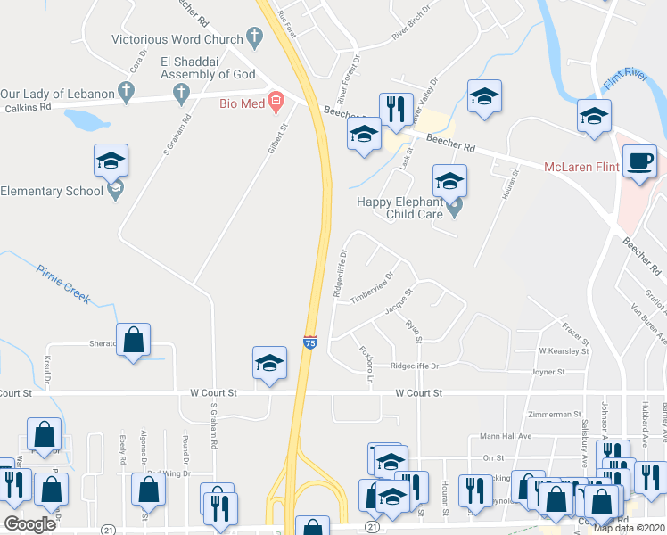map of restaurants, bars, coffee shops, grocery stores, and more near 3477 Ridgecliffe Drive in Flint