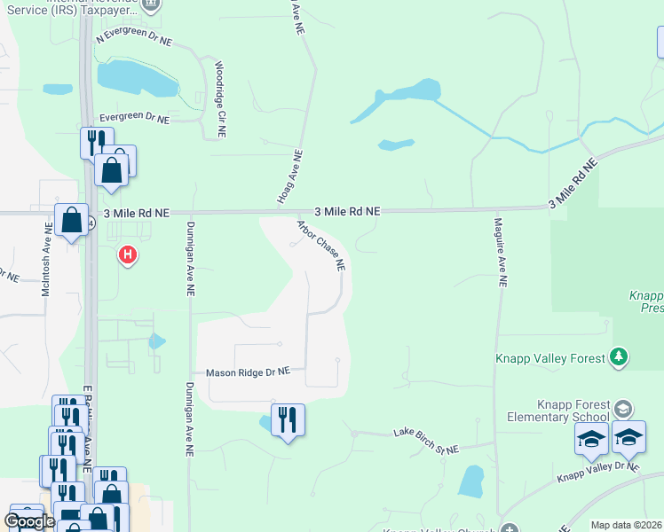 map of restaurants, bars, coffee shops, grocery stores, and more near 2670 Arbor Chase Northeast in Grand Rapids