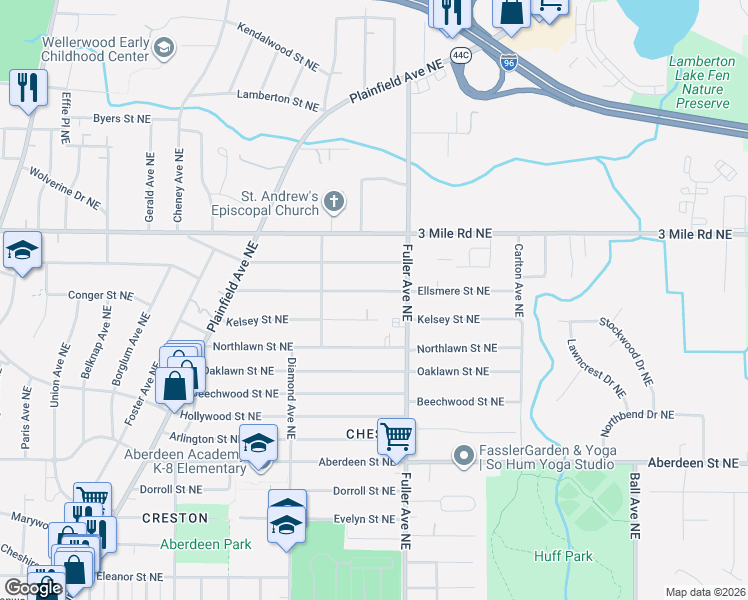 map of restaurants, bars, coffee shops, grocery stores, and more near 1135 Kelsey Street Northeast in Grand Rapids